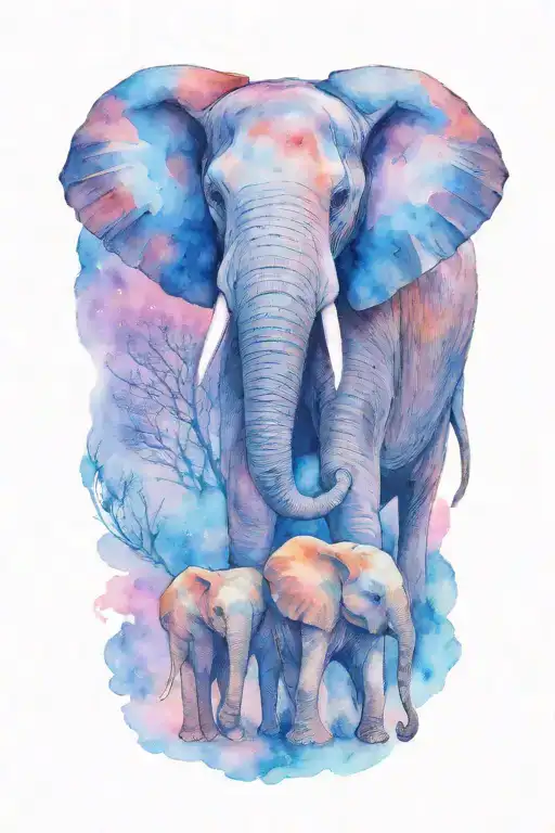 Female African Elephant And Two Kids In The Moonlight