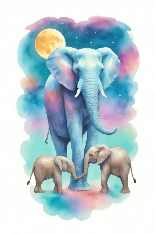 Female African Elephant And Two Kids In The Moonlight