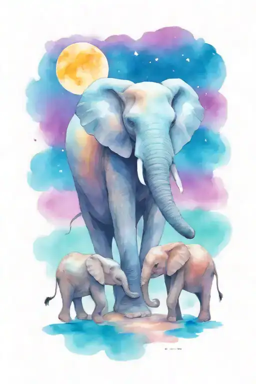 Female African Elephant And Two Kids In The Moonlight