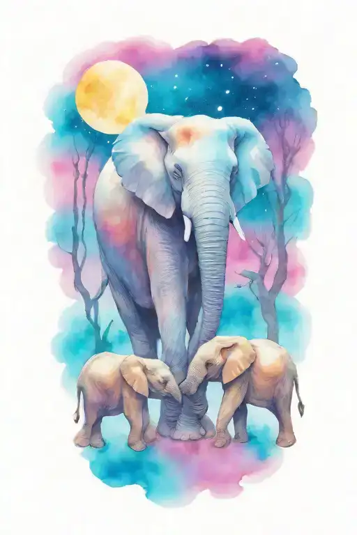 Female African Elephant And Two Kids In The Moonlight