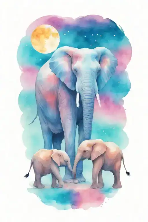 Female African Elephant And Two Kids In The Moonlight