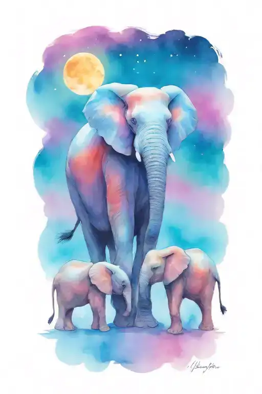 Female African Elephant And Two Kids In The Moonlight