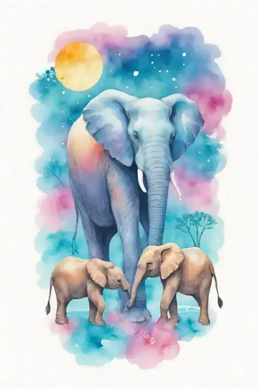 Loving Female African Elephant And Two Kids In The Moonlight With Flower Border
