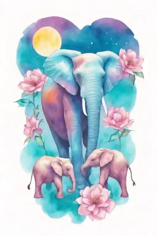 Loving Female African Elephant And Two Kids In The Moonlight With Flower Border