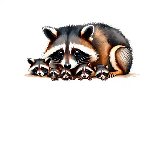 Racoon With 4 Baby Racoons