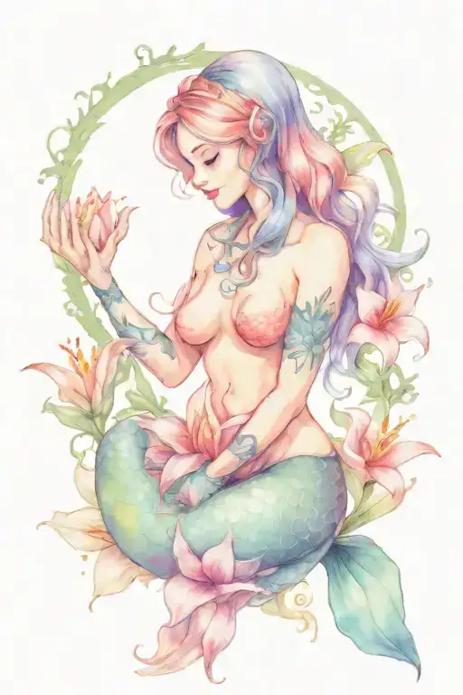Mermaid Holding Lily Flower With Sun Setting