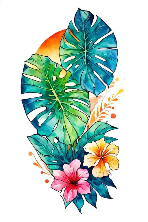 Polynesian Style Shoulder Tattoo With Flowers Beach Monstera Plant And Sunset