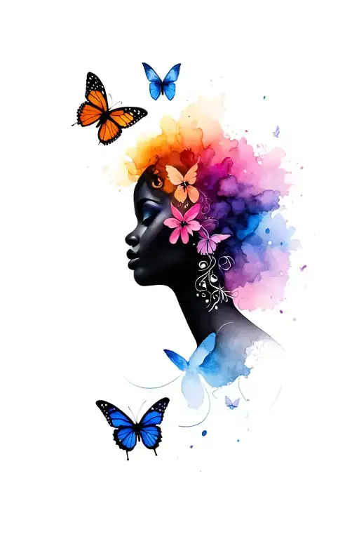 Black Woman Face And Butterflies Fluttering