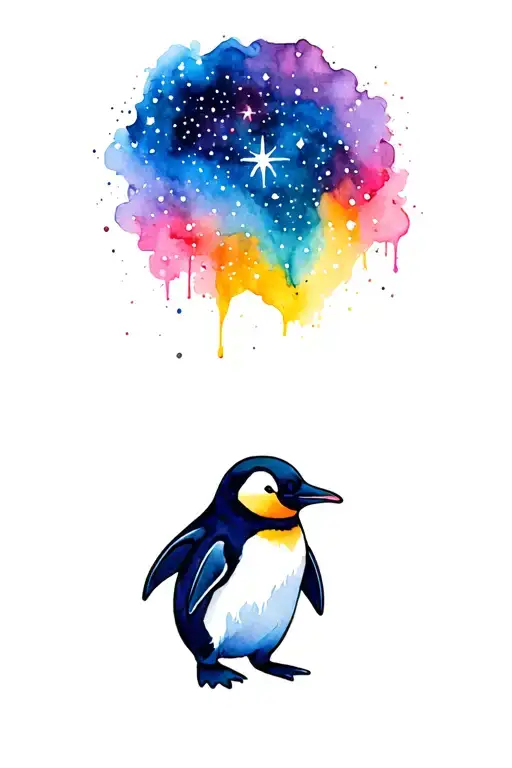 Penguin Looking Up At A Colorful Starry Night