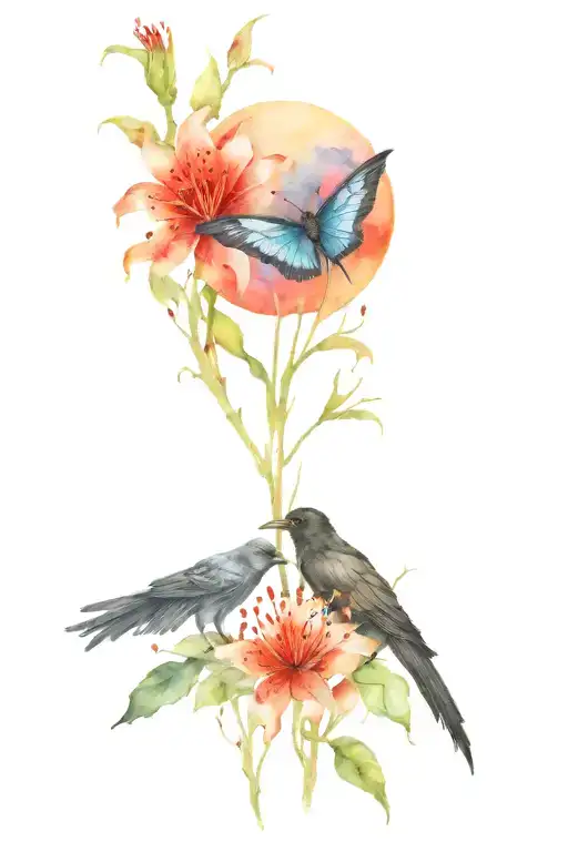 Red Spider Lily And Crow And Moon And Butterfly And Fox