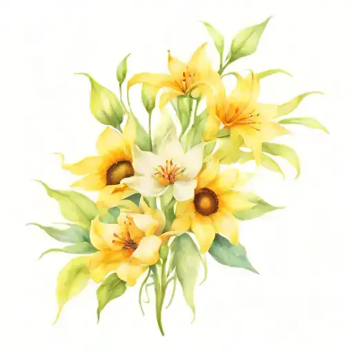 Lily Sunflower And Rose In A Bouquet Tied