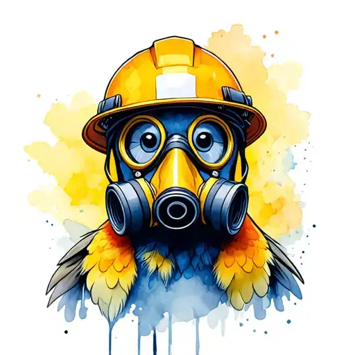 Canary Bird Wearing Gas Mask And Miners Hard Hat