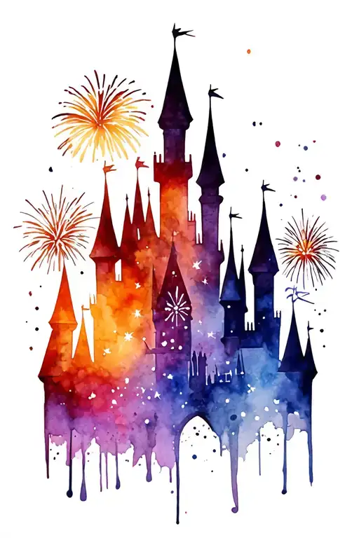 Disney Castle Silhouette With A Lot Of Sparkles And Fireworks Exploding
