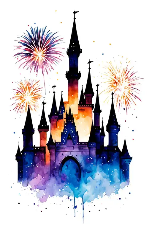 Disney Castle Silhouette With A Lot Of Sparkles And Fireworks Exploding