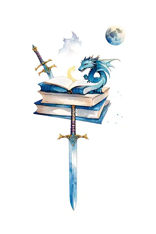 Stack Of Books Top One Open With A Dragon On Top Two Swords Fantasy Wolf And Moon