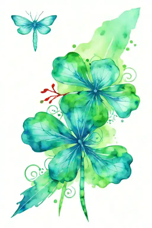 Green 4 Leaf Clover With Red And Blue Dragonflies Pain Grief