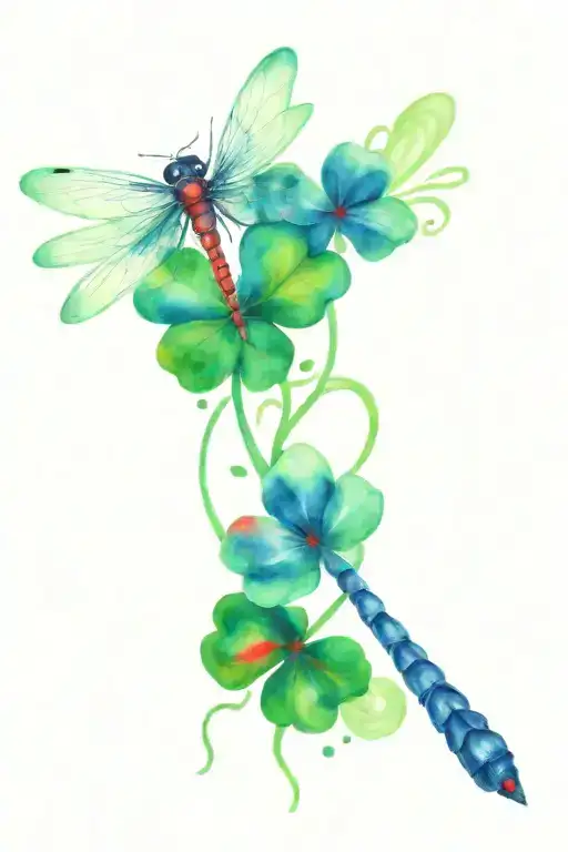 Green 4 Leaf Clover With Red And Blue Dragonflies Pain Grief
