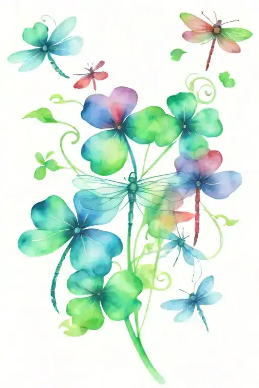 Green 4 Leaf Clover With Red And Blue Dragonflies Pain Grief