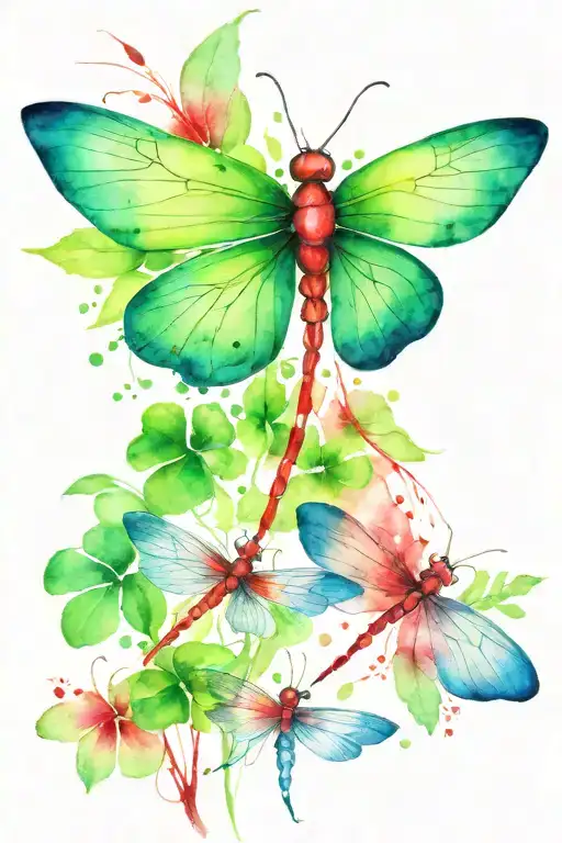Green 4 Leaf Clover With Red And Blue Dragonflies Pain Grief