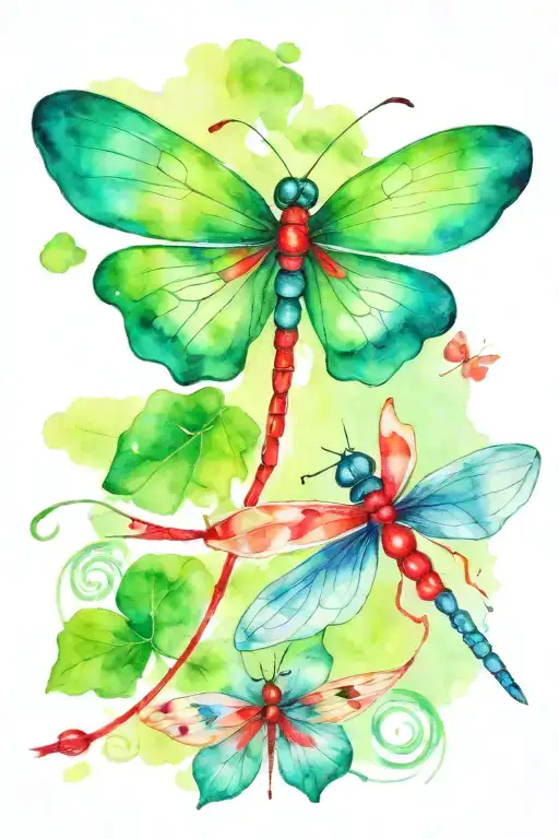 Green 4 Leaf Clover With Red And Blue Dragonflies Pain Grief