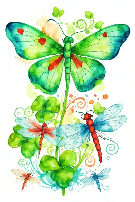 Green 4 Leaf Clover With Red And Blue Dragonflies Pain Grief