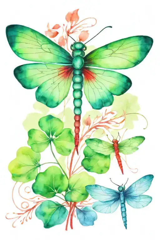 Green 4 Leaf Clover With Red And Blue Dragonflies Pain Grief
