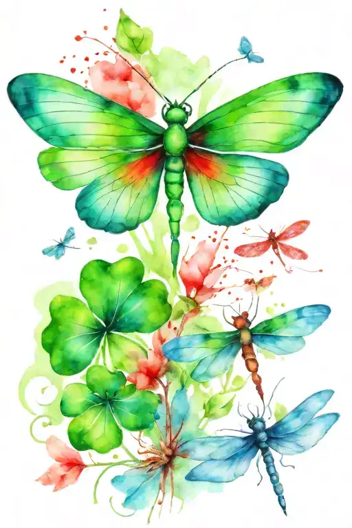 Green 4 Leaf Clover With Red And Blue Dragonflies Pain Grief