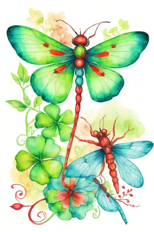 Green 4 Leaf Clover With Red And Blue Dragonflies Pain Grief