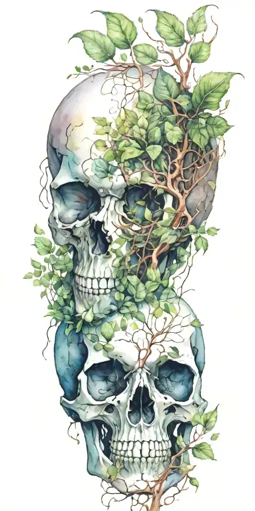 Single Skull At The Bottom With Trees And Vines Sprouting From The Top
