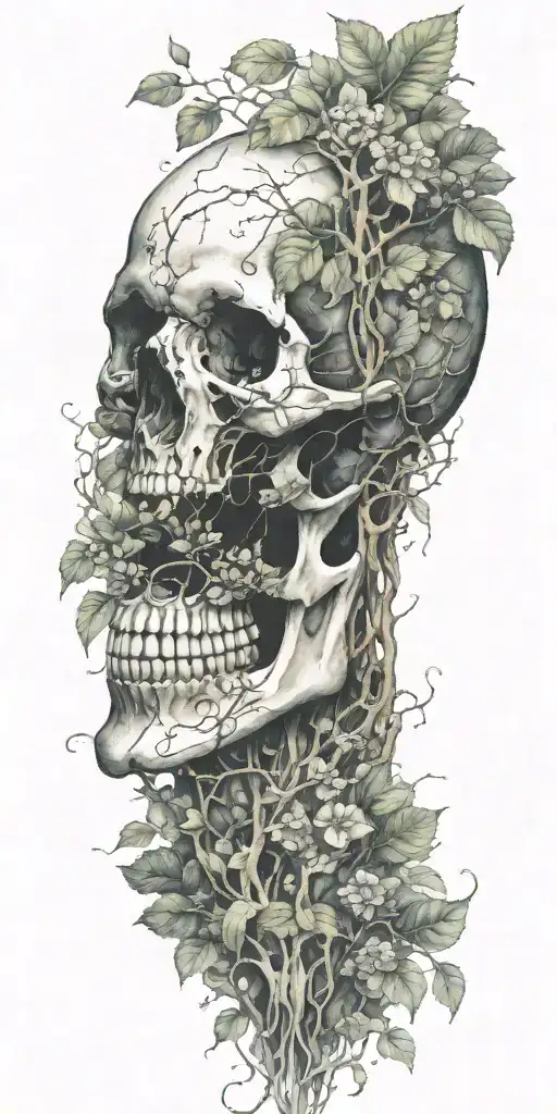 Single Skull At The Bottom With Trees And Vines Sprouting From The Top