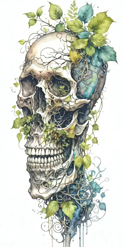 Single Skull At The Bottom With Trees And Vines Sprouting From The Top