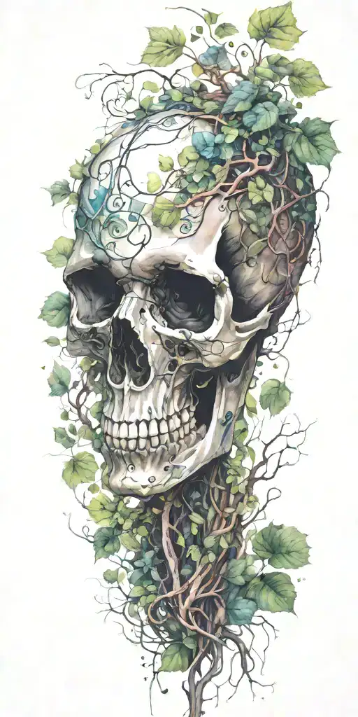 Single Skull At The Bottom With Trees And Vines Sprouting From The Top