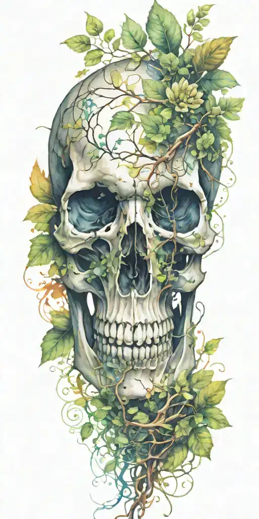Single Skull At The Bottom With Trees And Vines Sprouting From The Top