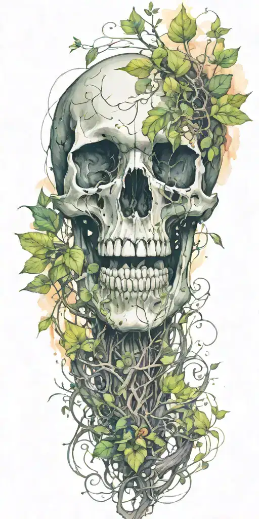 Single Skull At The Bottom With Trees And Vines Sprouting From The Top