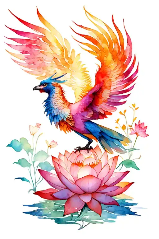 Elegant Phoenix Landing On A Lotus Flower