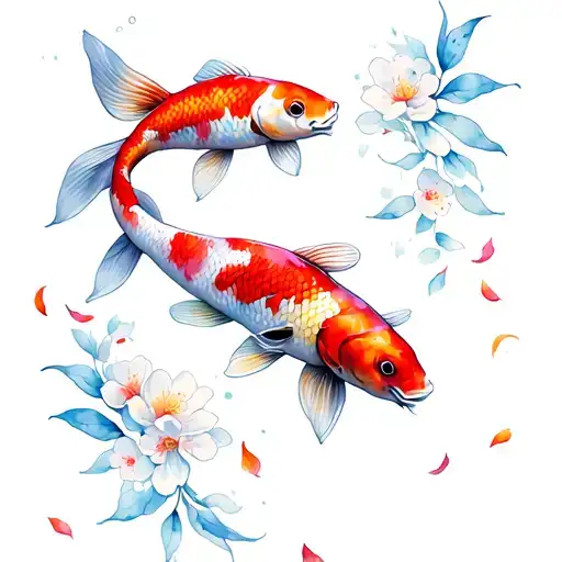 2 Koi Fish Swimming With Blossom Petals Falling