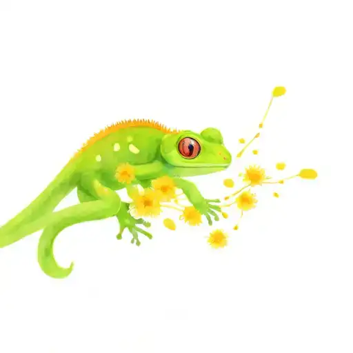 Gecko Climbing A Dandelion Flower With Watercolor Splatter Petals