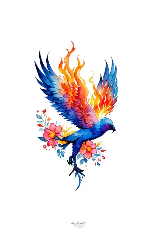 Phoenix Rising From Flames With Flowers Coming From Wings