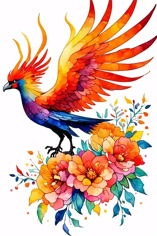 Phoenix With Flames On Tail And Flowers Coming From Wings