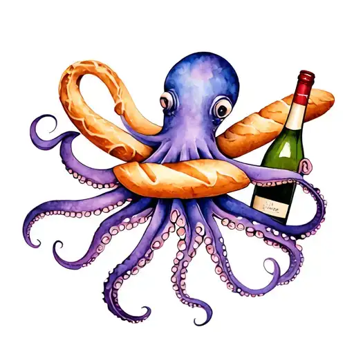 Octopus Holding Baguette And Wine Bottle