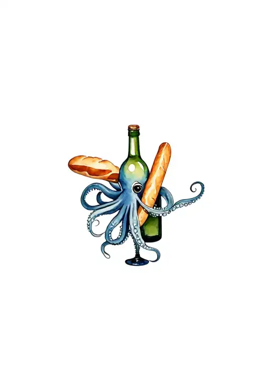 Octopus Holding Baguette And Wine Bottle