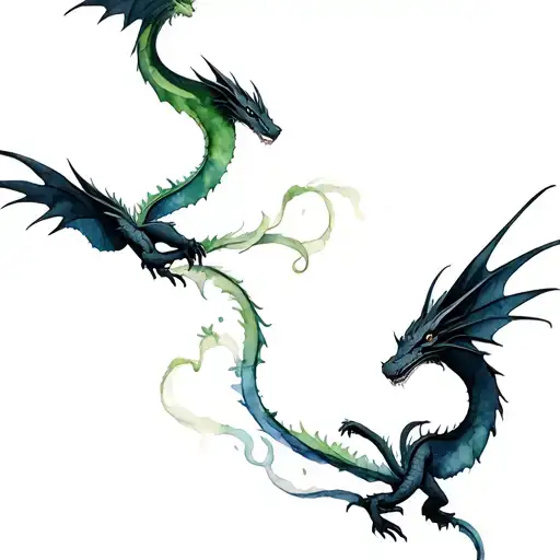 4 Small Black And Green Dragons Flying Up The Arm