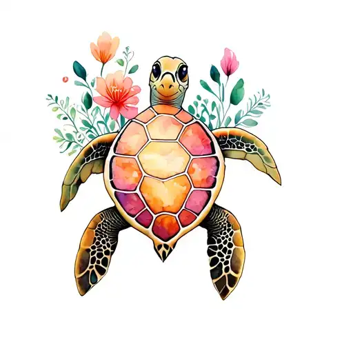 Sea Turtle With Watercolor Underneath With Flowers