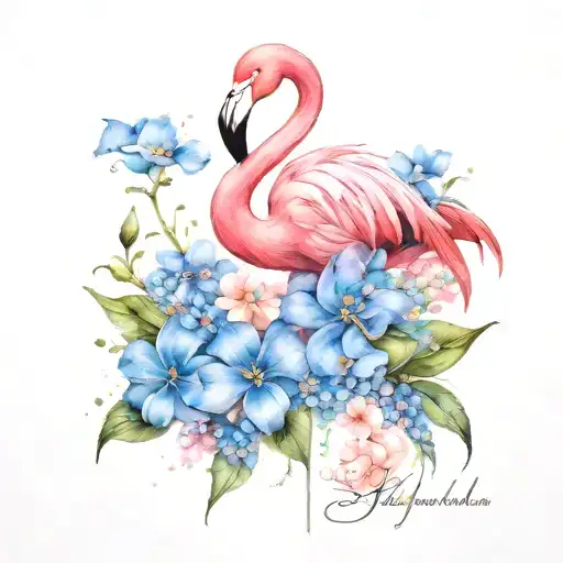Flamingo And Forget Me Not Flowers
