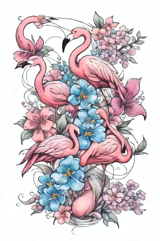 Flamingo And Forget Me Not Flowers