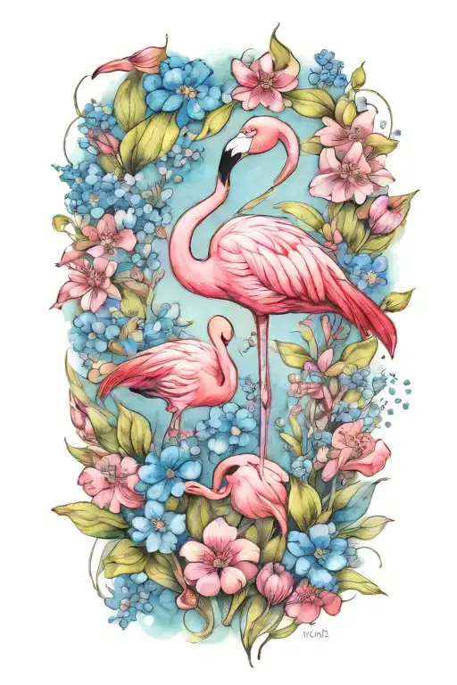 Flamingo And Forget Me Not Flowers