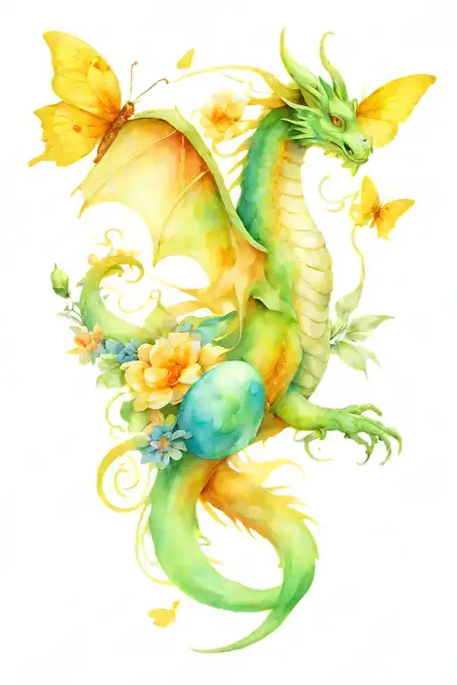 Female Dragon Behind Flowers And Dragon Egg Butterflies