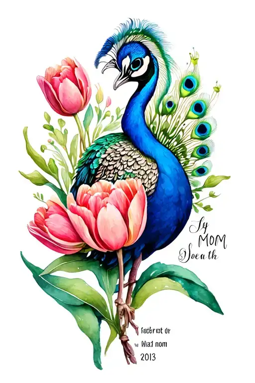 Peacock And Tulips With Death Date Of Mom