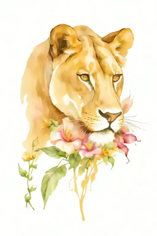 Lioness Symbolizing Strength With Aster And Morning Glory Flowers