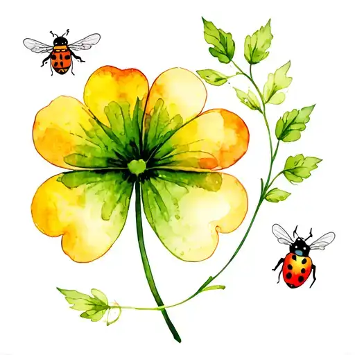 Clover With A Lady Bug And A Flying Bee Flying